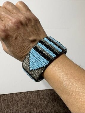 Beaded Cuff Bracelet - Light Blue and Black